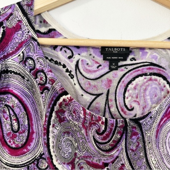 Talbots Merino Wool Womens XL Purple Paisley Crewneck Sweater 3/4 Sleeve - Picture 4 of 6